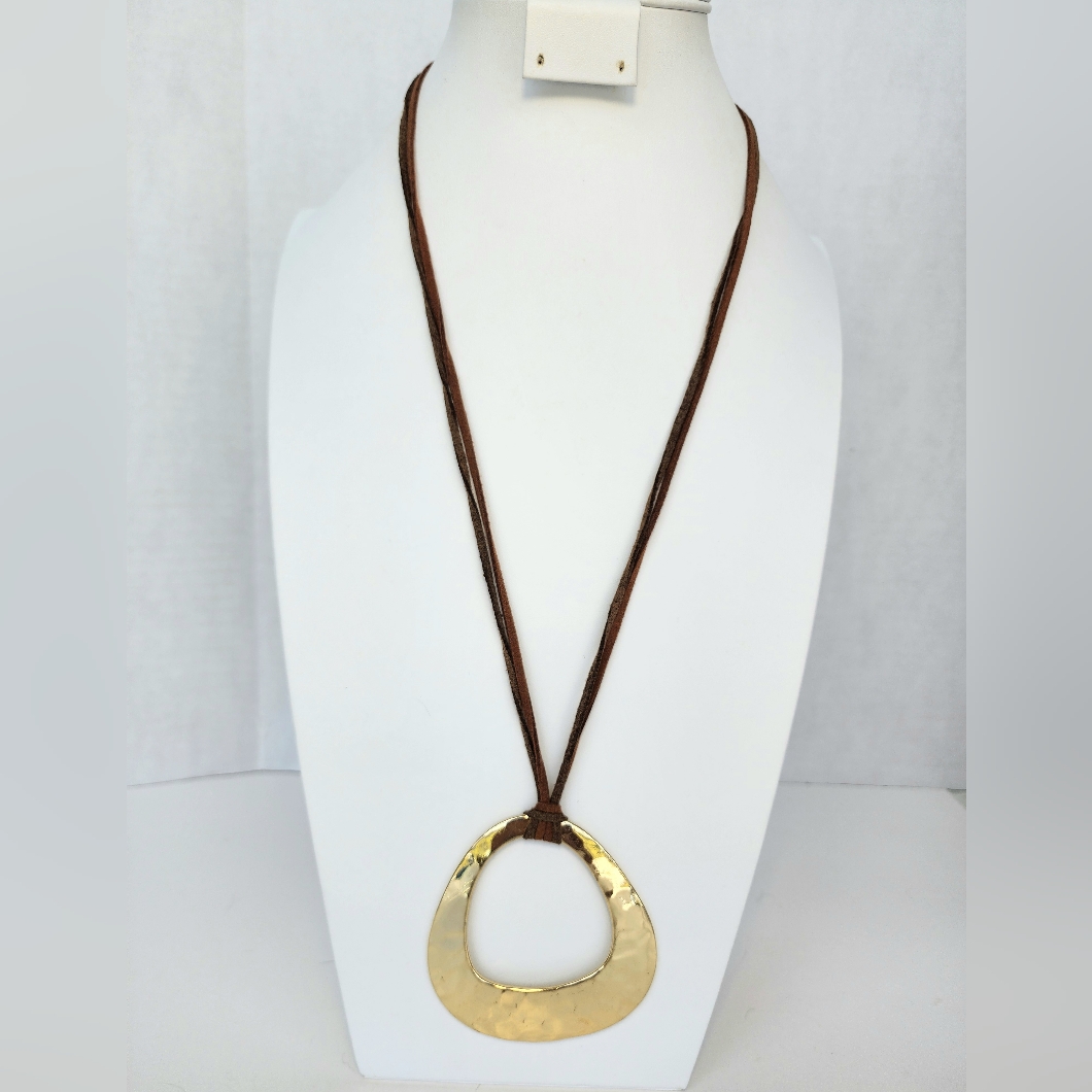 Vintage Vclm Goldtone Pendant Brown Leather Long Necklace